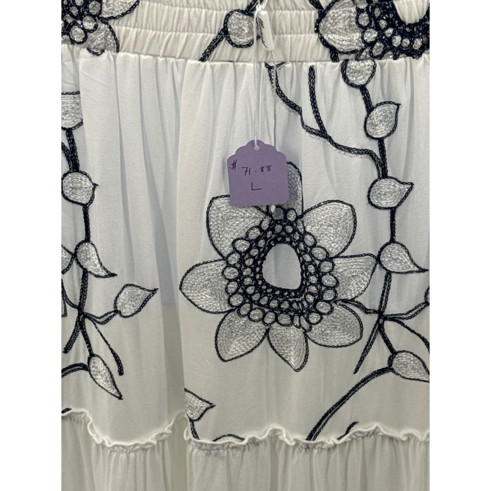 Mermaid Fashion White Floral Embroidered Tiered Maxi Skirt Navy Silver Boho L - Picture 6 of 9